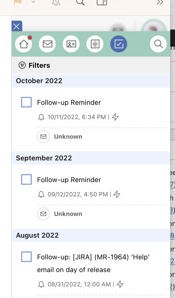 The new monthly-organised notes and tasks view in the Mailbutler Sidebar