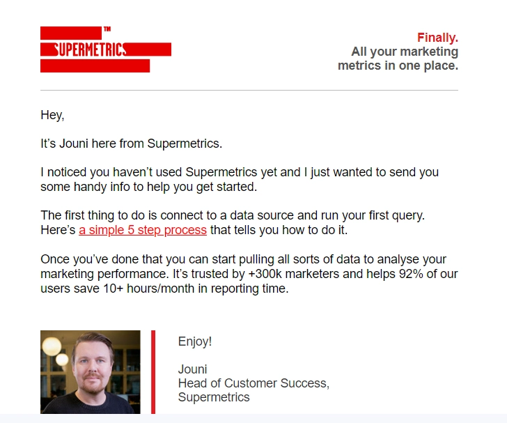 email personalization example from Supermetrics