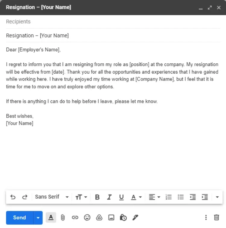 Formal Resignation Email Template