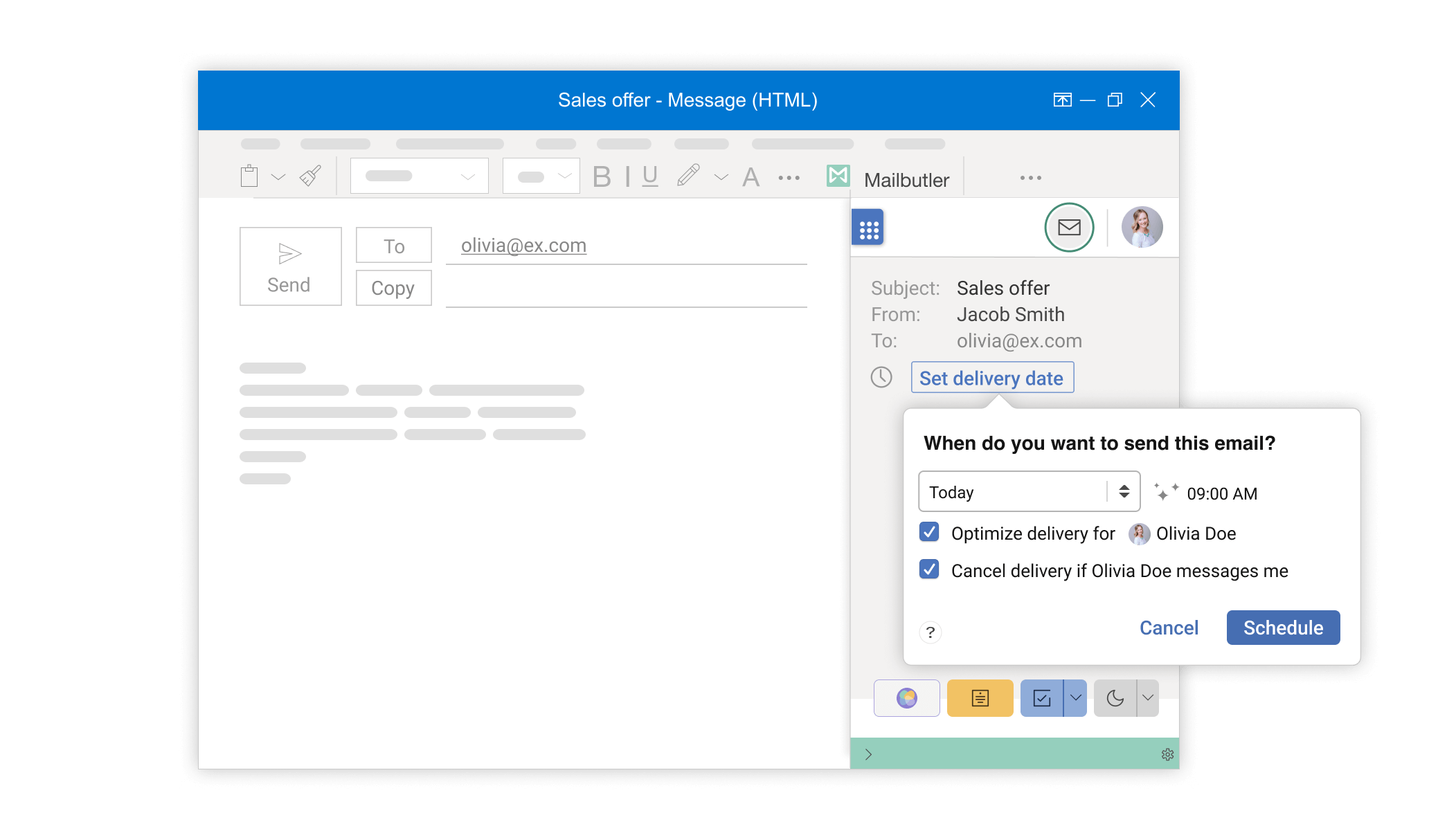 Mailbutler's Send Later integrated in Outlook