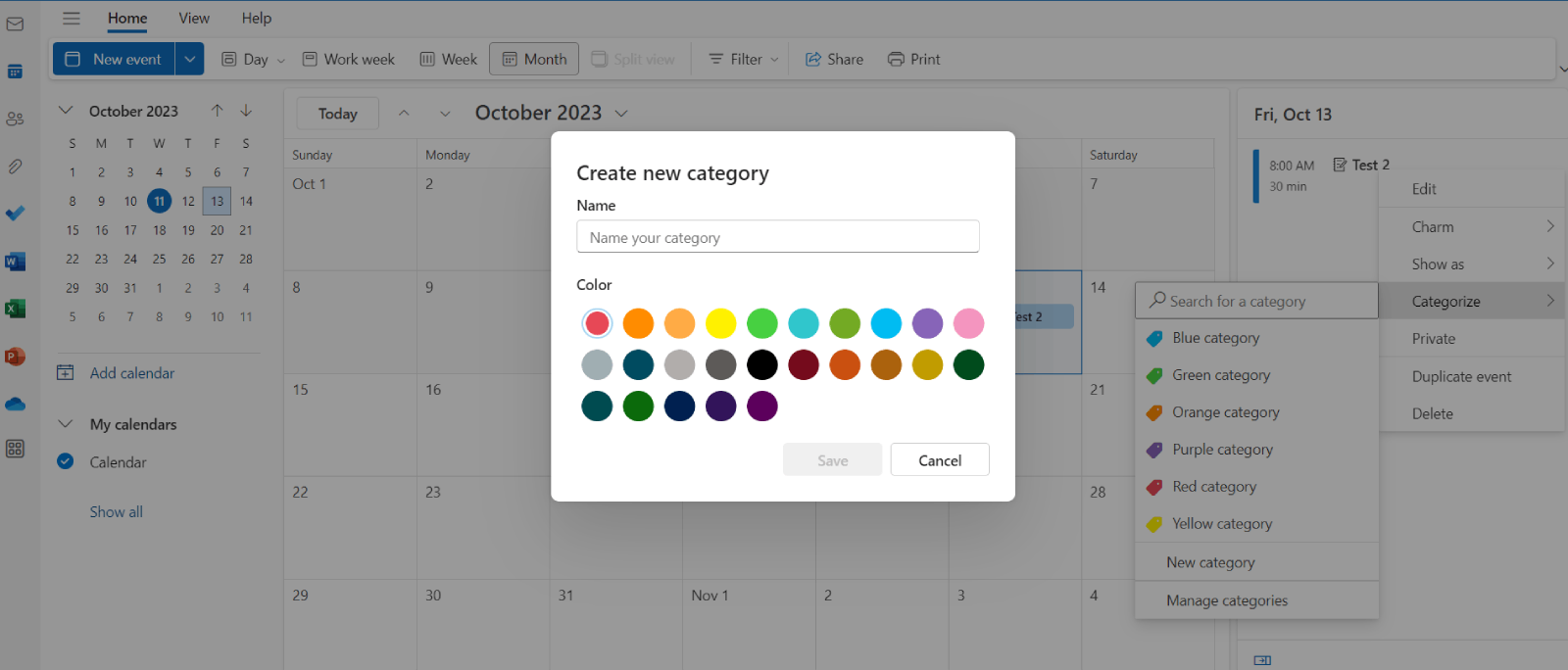 create new Outlook category in Calendar