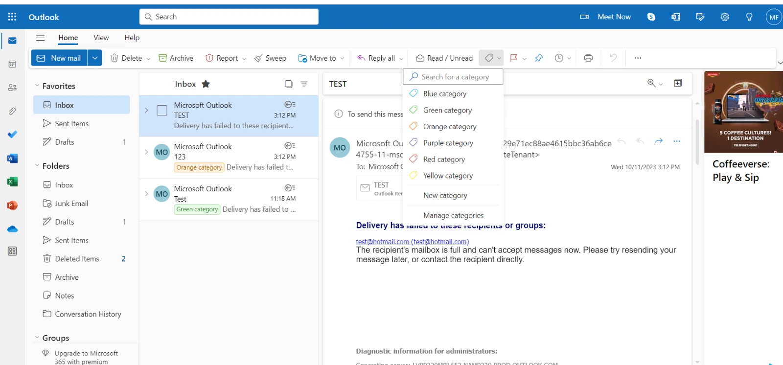 Outlook-Startseite, navigiere einfach durch den Abschnitt Tags und klicke auf Kategorisieren 