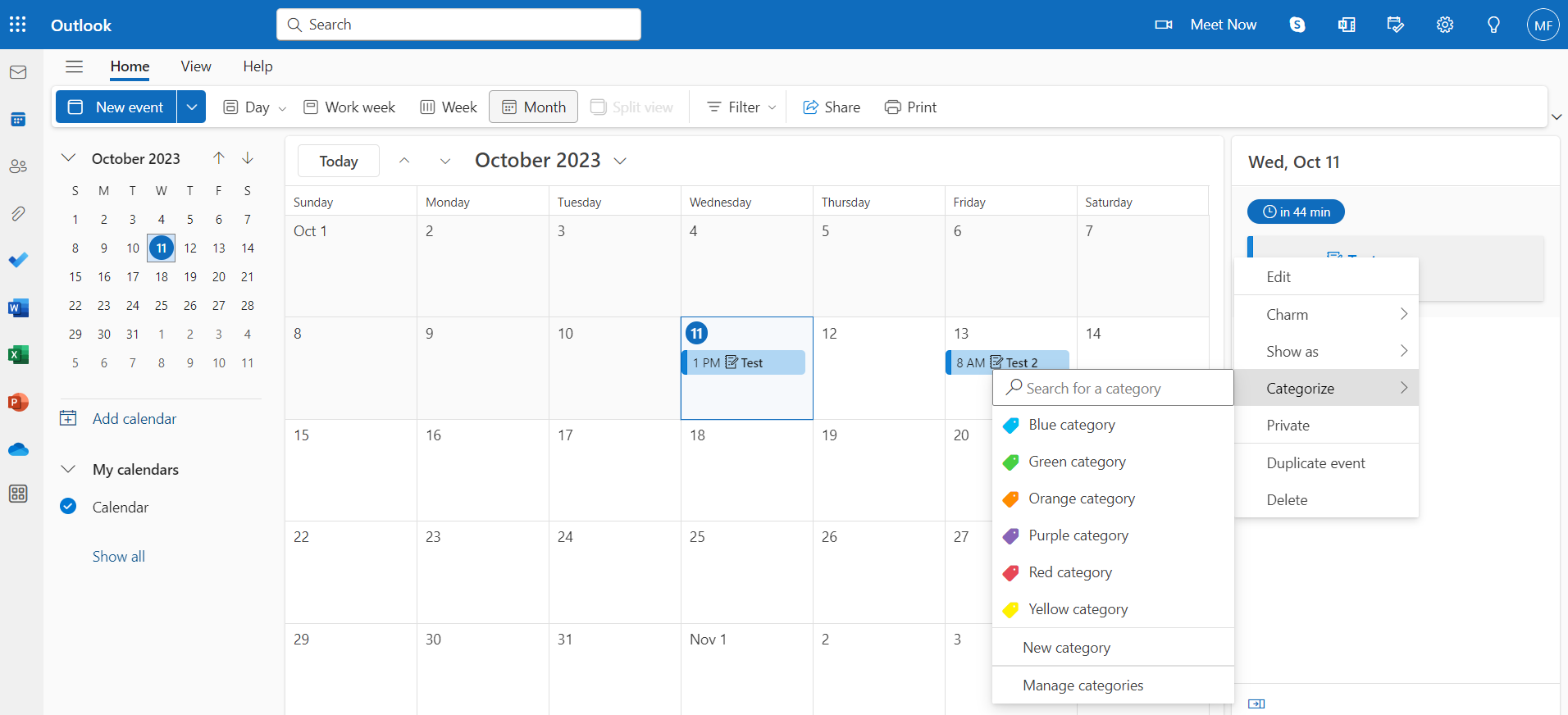 Categorize in Outlook calendar