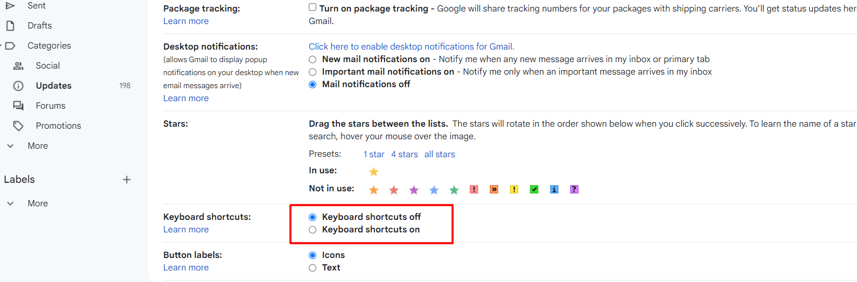 turn On the keyboard shortcuts for Gmail