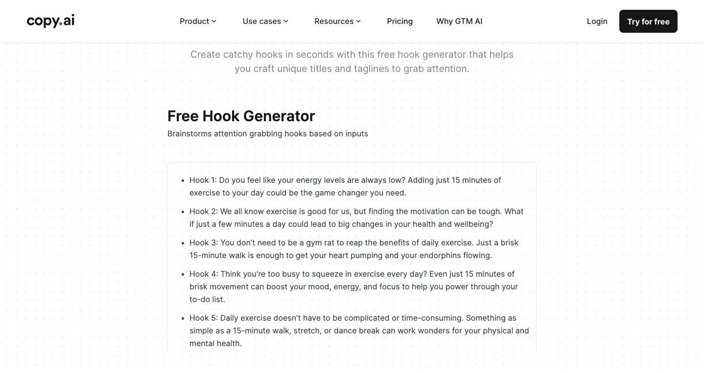 Copy.ai hook generator example